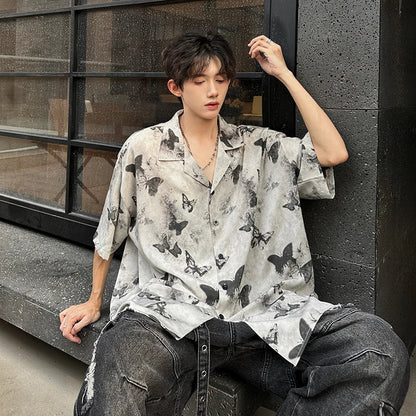 Summer Butterfly Printed Tie-dye Shirt Men Windsor Collar Loose Casual Short Sleeve Shirts Oversize Streetwear Boy Girl Blouses