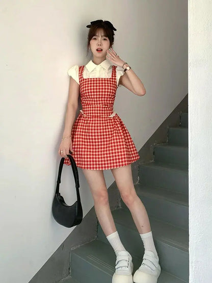 xsrrr Y2k Coquette Kawaii Cute Plaid Shirt Dress Women Preppy Style Sweet Girls Short Party Dresses 2024 Summer Fashion