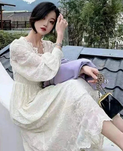 xsrrr DRESS TO IMPRESS Korean Fashion Vintage Midi Dress Party Long Sleeve Sweet Y2k Dress Lace Design 2024 Autumn Evening Elegant Dress Women Casual