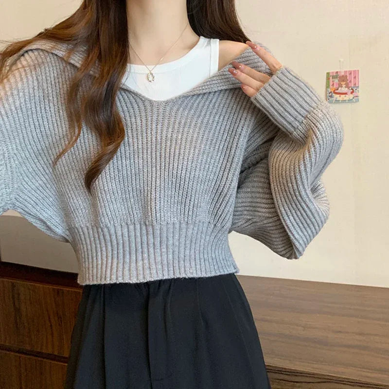 xsrrr Long Sleeve Cropped Sweater Women Autumn Winter Turn Down Collar Knitted Jumper Woman Korean Style Solid Color Jerseys