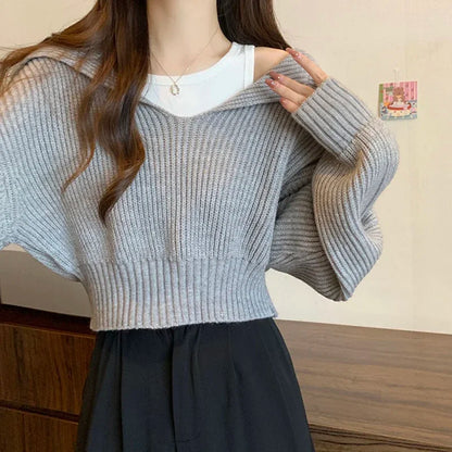 xsrrr Long Sleeve Cropped Sweater Women Autumn Winter Turn Down Collar Knitted Jumper Woman Korean Style Solid Color Jerseys