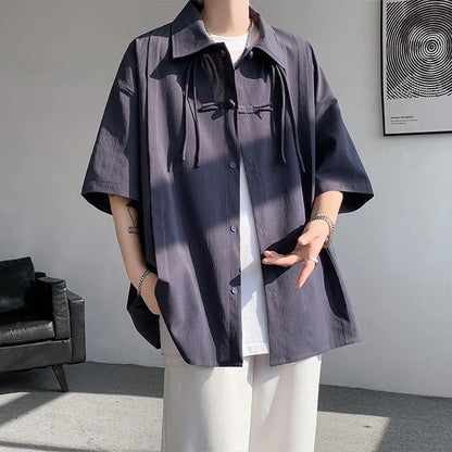 Men's Casual Blouse Long Sleeve Tee Shirt Y2K Vintage Oversized Blouses Chinese Style Baggy Button Up Shirt