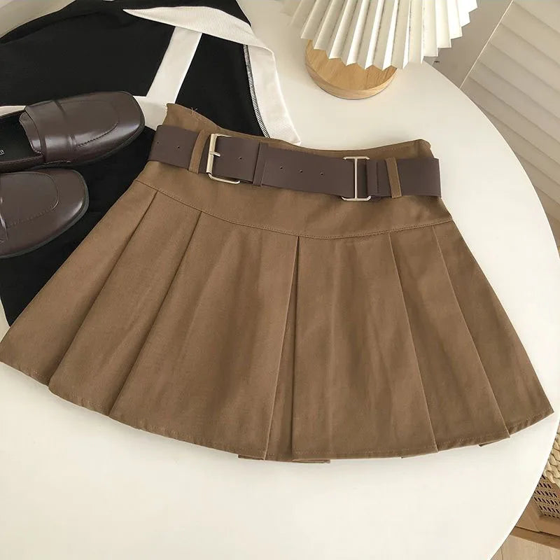 xsrrr High Waist with Belt Pleated Skirts Women Y2K Summer Korean Streetwear Mini Skirt Female Solid Preppy All Match A Line Skirt New