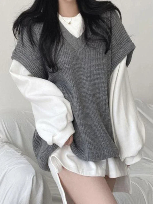 xsrrr Autumn Winter Vest Women Korean Style Knitted Sweaters Female Oversized Preppy Jumper Ladies Casual Loose Long Sleeve Pullovers