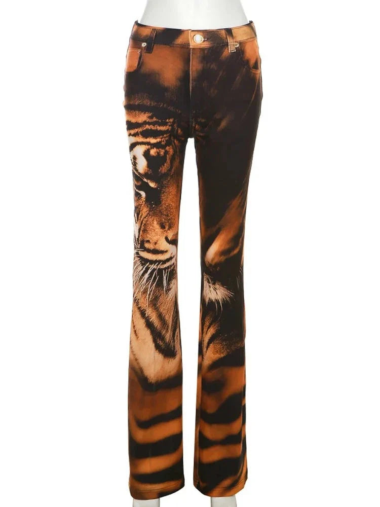 xsrrr Tiger Print Flare Pants Women Y2K Summer Trend Skinny Elastic Wild Casual Streetwear Basic High Waist Trousers