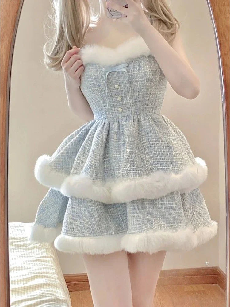 xsrrr Winter Kawaii Lolita 2 Piece Dress Set Sweet Short Coat Warm + Cute Fashion Y2k Mini Dress Party Japanese Style Suit Woman