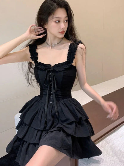 xsrrr Sexy Slip Lolita Style Black Dress Women Vintage Sleeveless Y2K Mini Dress Summer Slim Sweet Korean Lace Up Cake Dress New