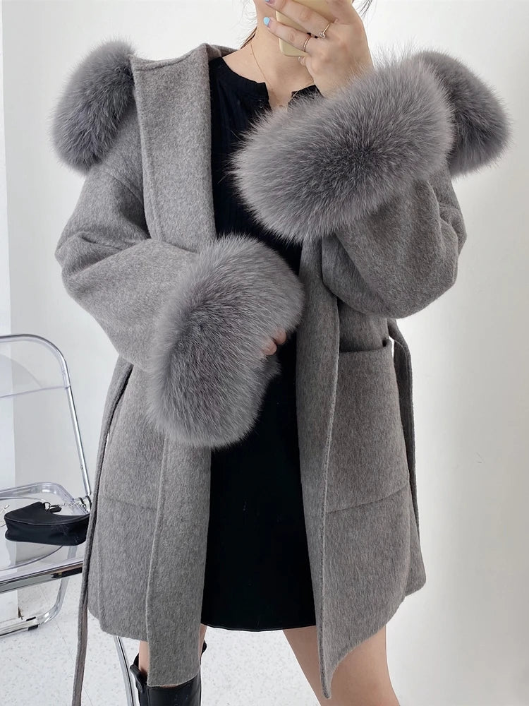 xsrrr New woolen Coat Oversize Ladies Outerwear Winter Women Natural Fox Fur Collar Cuffs Jacket Hood Cashmere Wool