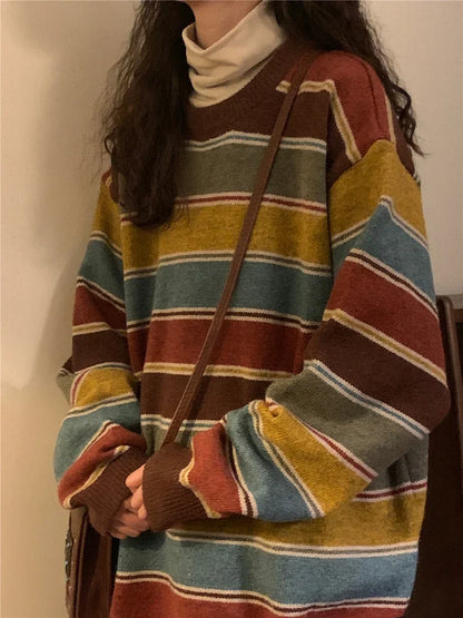 xsrrr Japan Retro Bf Striped Sweater Harajuke Streetwear Oversize Knitted Pullover Fall Winter Casual Preppy Style Vintage Tops