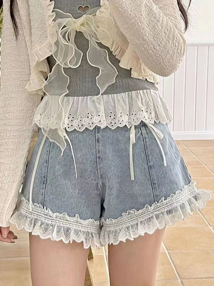 xsrrr Japanese Sweet Lace-up Denim Shorts Women Summer Lace Ruched Elegant Jeans Female Korean Fashion Bow Hight Waist Shorts New