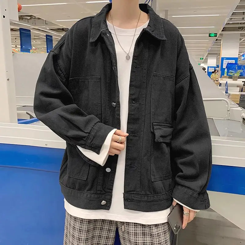 Black Denim Short Jacket Men Jeans Jacket Coats Oversized Harajuku Denim Jeans Jacket Bomber Streetwear Man Clothing Outwear