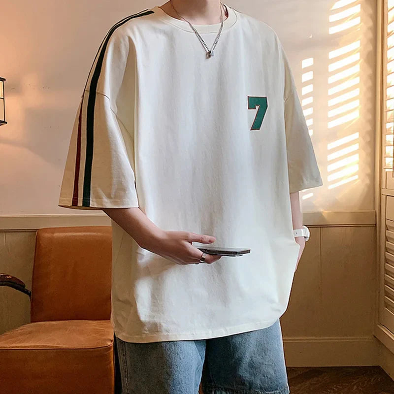 American Number 7 Print T Shirts Men Oversized Summer Cotton Short Sleeve Tees Ins Male Tops Streetwear Versatile Couple Clothes