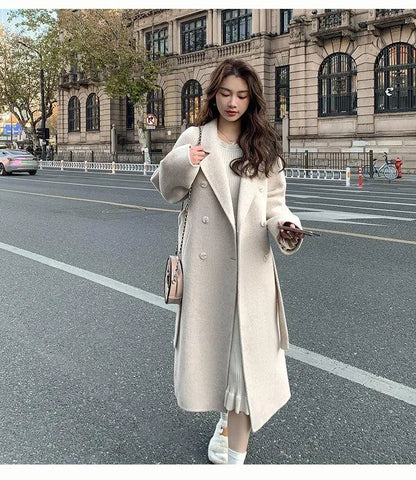 xsrrr Women Solid Lace Up Long Woolen Coat Korean Loose Fashion Double-breasted Lapel Female Autumn Winter Warm Lady Overcoats Popular