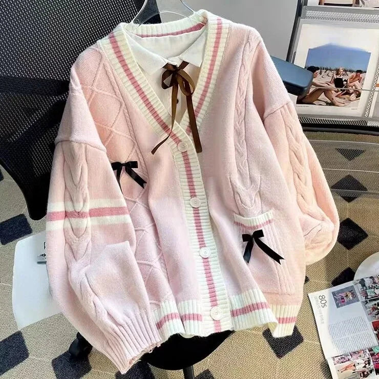 xsrrr Sweet Bow Knitted Cardigans Y2k Aesthetic All Match Contrast Color Coats Fashion Single Breasted Women Kawaii JK Sweaters Jumper