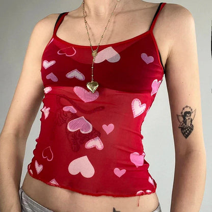 xsrrr Sexy Transparent Camis y2k Cute Heart Print Sleeveless Strap Cropped Top Women Clubwear See Through Tees Summer Harajuku