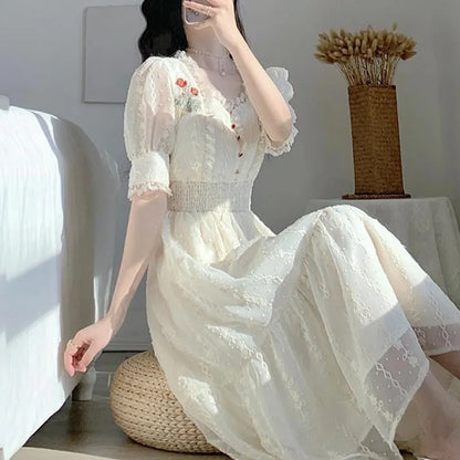 xsrrr Vintage Lace Fairy Midi Dress Women Summer French Floral Elegant Party Princess Dress Ladies Party One-piece Dress Korean