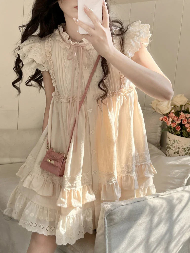 xsrrr Summer Lolita Kawaii Mini Dress Women Flying Sleeve Japanese Sweet Cute Dress Female Korean Style Ruched Fairy Dress