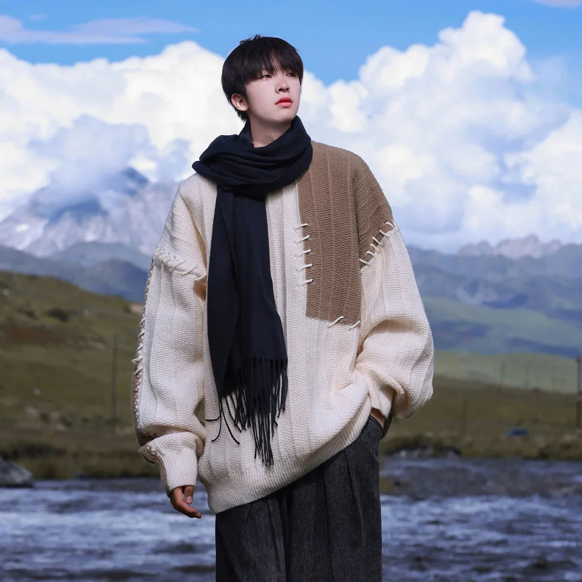 Knitted Sweater Men Pullover Oversize Sweaters Male Winter Harajuku Casual Streetwear Patchwork Autumn Hip Hop Spliced