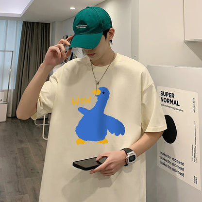 Summer Men's Cotton T-Shirt Funny Goose Print Cartoon Short Sleeve Tops O-Neck Tees Y2k 2024 Anime Casual Oversized T Shirts Men