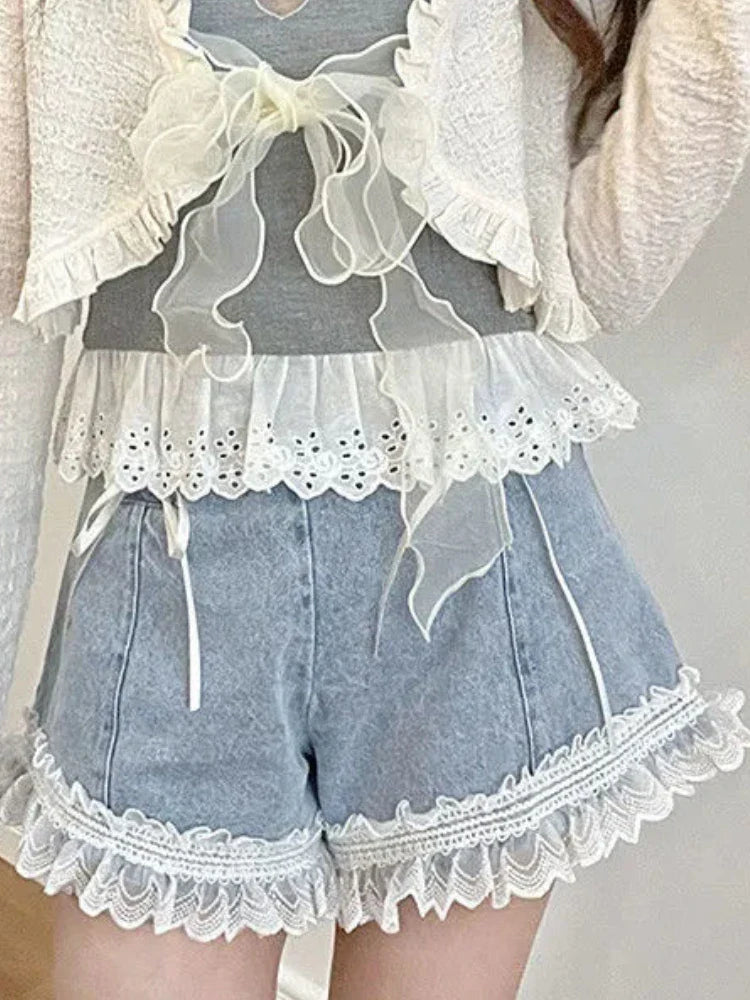 xsrrr Japanese Sweet Lace-up Denim Shorts Women Summer Lace Ruched Elegant Jeans Female Korean Fashion Bow Hight Waist Shorts New