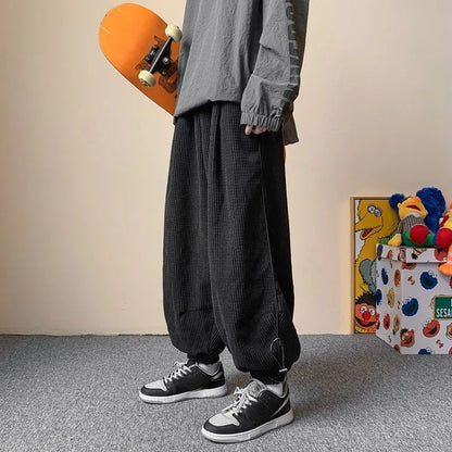 Winter Japanese Retro Wide Leg Pants for Men Corduroy Haren Pants Oversized Casual Jogging Sweatpants Hip-hop Street Male