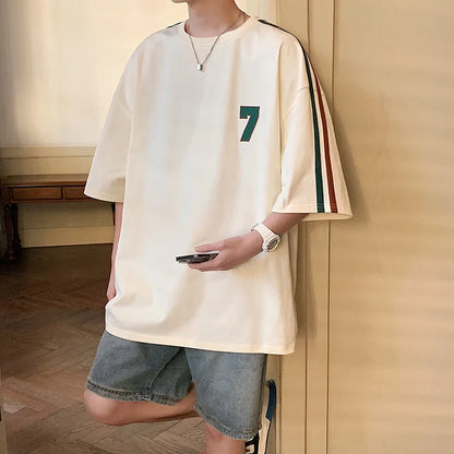 American Number 7 Print T Shirts Men Oversized Summer Cotton Short Sleeve Tees Ins Male Tops Streetwear Versatile Couple Clothes