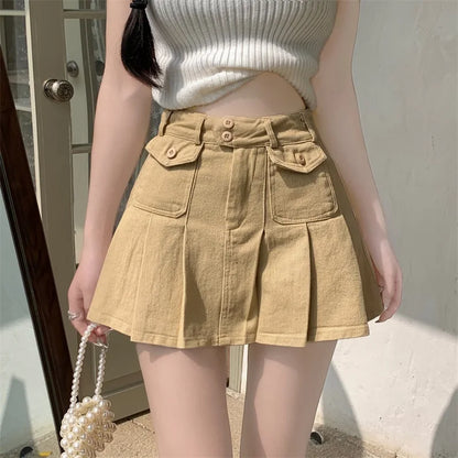 xsrrr Spicy Girl White Denim Skirt Chic High Waist A-line Ultra Short Skirts Women's 2024 Summer New Cool High Street Pleated Skirt