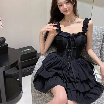 xsrrr Gothic Black Sexy Slip Dress Y2K Harajuku Streetwear Punk Lace Up Cake Dress Female Summer Korean Fashion Party Ruffles Dresses