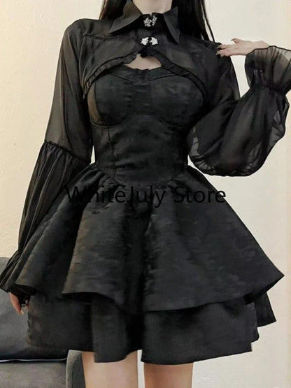 Hnewly DRESS TO IMPRESS Summer Black Gothic Lolita Short Party Suits Women Long Sleeve Coat + Pure Color Mini Dress Fashion High Waist Outfits Chic