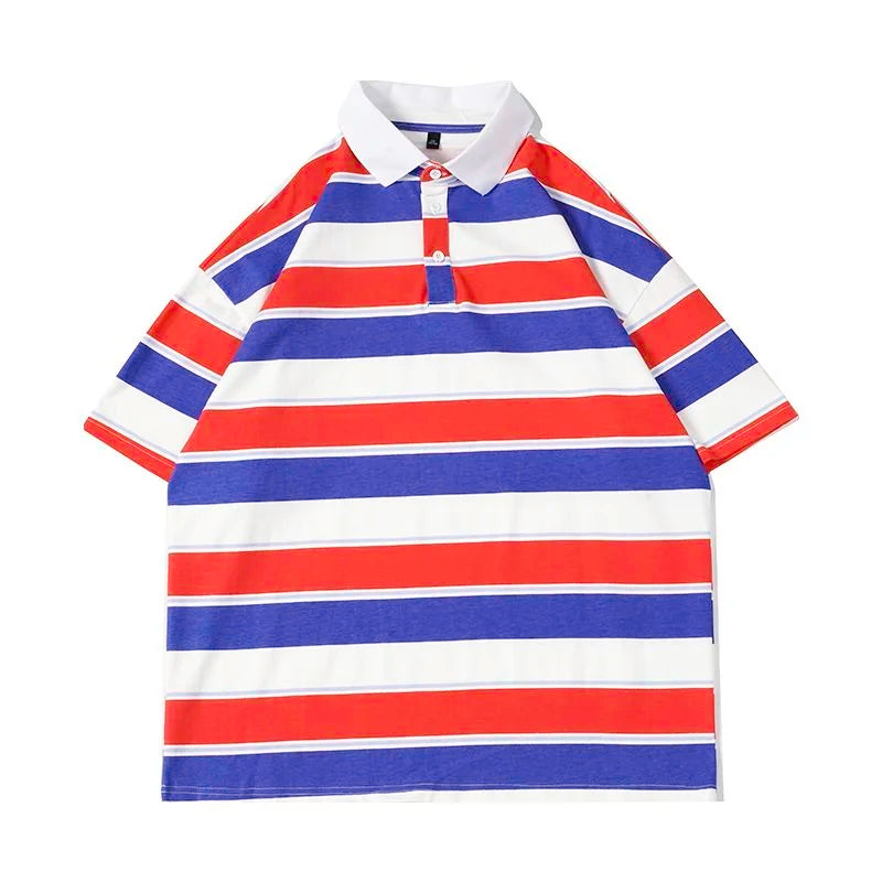 Striped Contrast Print POLO Shirts Fashion Summer Men's Clothes Classic Lapel Cotton Top Oversize Loose Short Sleeve Polo T-Shirt