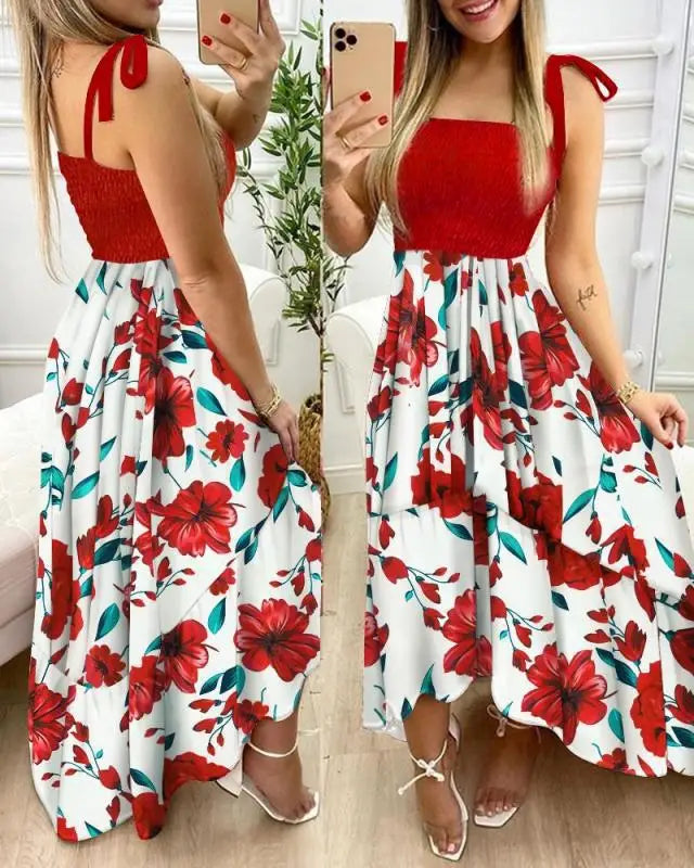 xsrrr Summer Sexy Spaghetti Strap Floral Print Maxi Dress For Women Casual Elegant Chest Wrap Long Woman Beach Dress Holiday