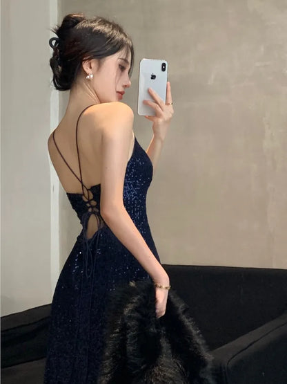 xsrrr Women's Backless V-Neck Split Maxi Dress Sexy Slim Evening Gown Luxury Dresses Fashion Robe Birthday Party Spring Autumn New