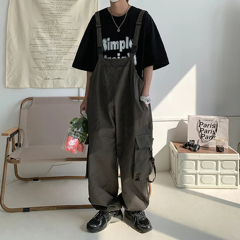 Men Suspenders Jumpsuit Baggy Pants Summer Overalls Japanese Straps Casual Pockets Unisex Oversized Streetwear Male Y2K Clothes