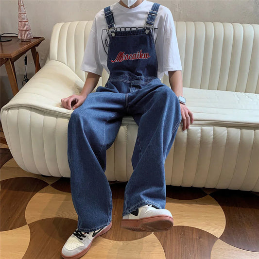 Loose Printed Letters Jeans Blue Overalls Men's Oversize Casual Hiphop Straight Wide-leg Pants Four Seasons Work Denim Trousers