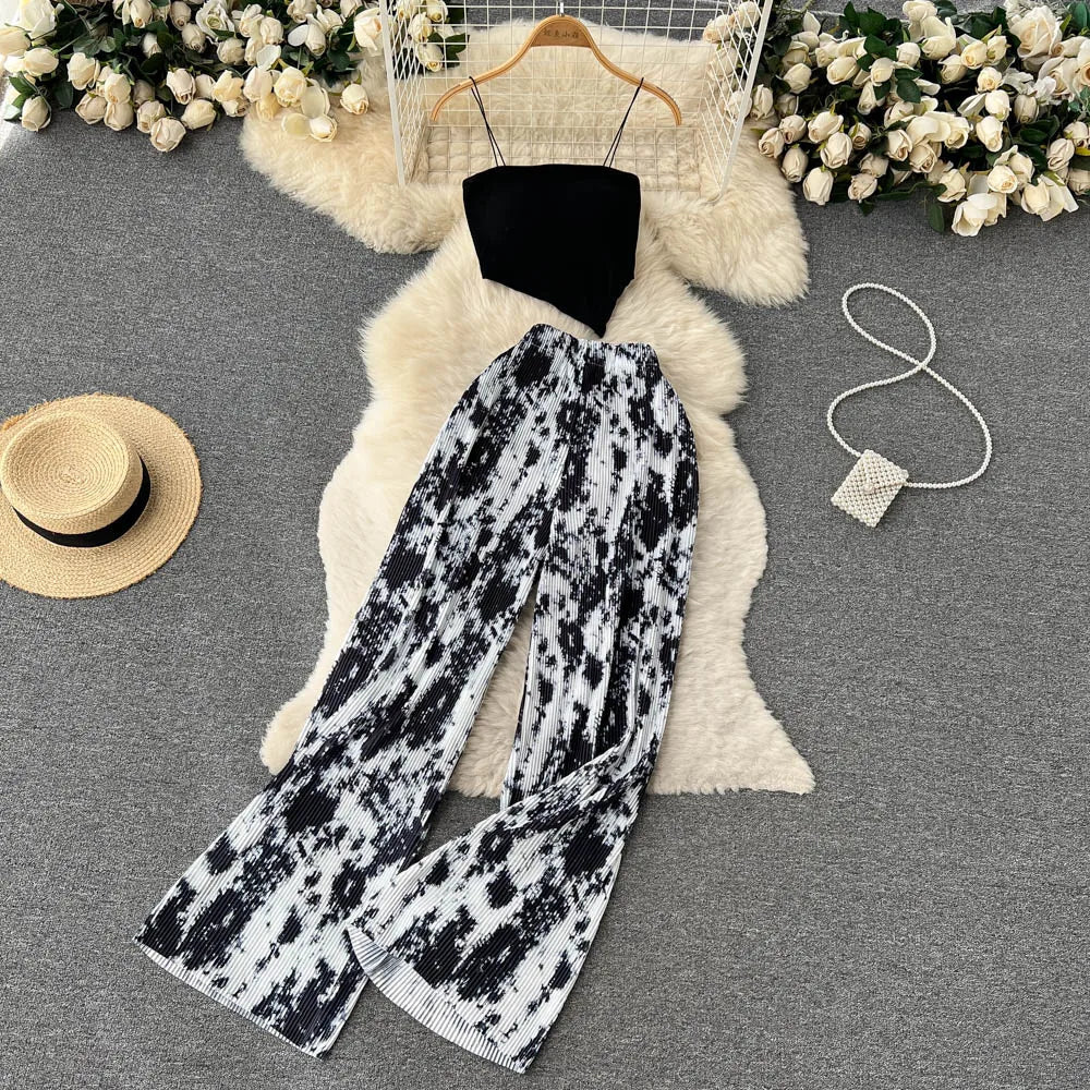 xsrrr Summer Spaghetti Strap Crop Tops and Pantsuit Women Elegant Floral Casual Chic Beach Holiday Outfits Female Sexy 2 Pieces Set