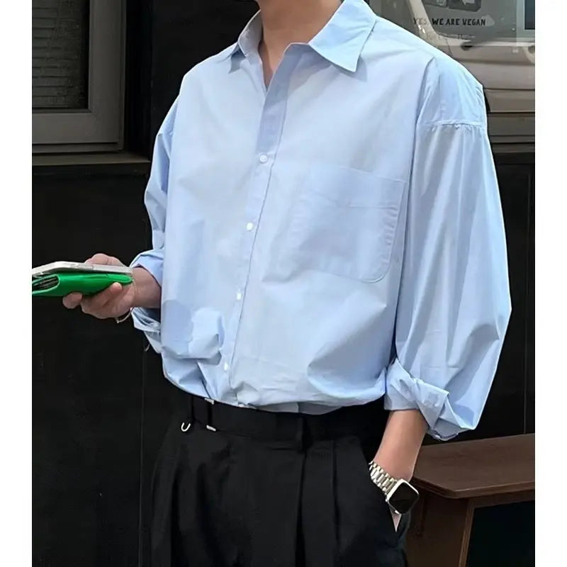 Spring New Korean Light Blue Shirt Men Oversized Solid Color Lapel Button Pocket Loose Business Casual Long Sleeve Mens Shirts