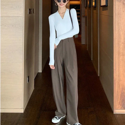 xsrrr Brown Loose Summer Women's Suit Pants Wide Leg Brown Fluid High Waist Casual Dress Pants Ice Silk Straight Female Trousers