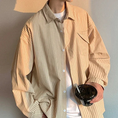 2024 Striped Long Sleeve Shirt Oversized Mens Large Spring Summer Loose Casual Man Shirts Clothes Fashion Harajuku Chest Pocket