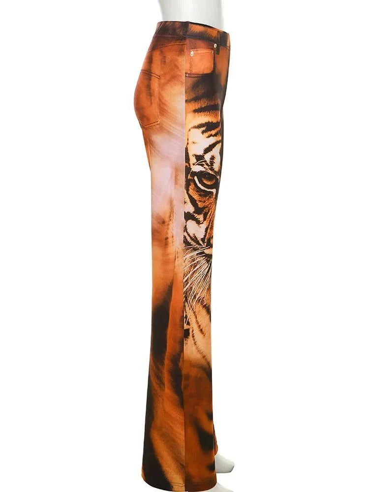 xsrrr Tiger Print Flare Pants Women Y2K Summer Trend Skinny Elastic Wild Casual Streetwear Basic High Waist Trousers