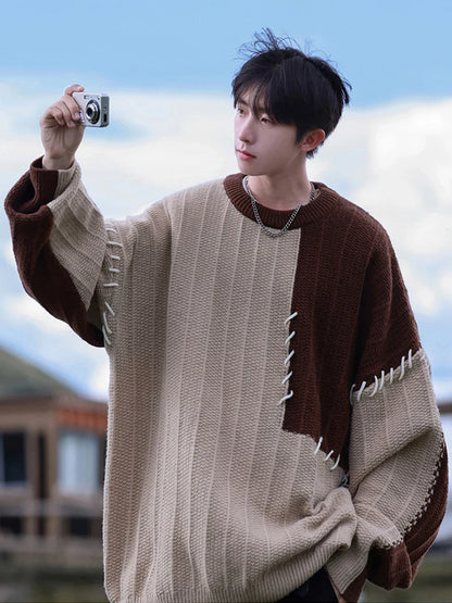 Knitted Sweater Men Pullover Oversize Sweaters Male Winter Harajuku Casual Streetwear Patchwork Autumn Hip Hop Spliced