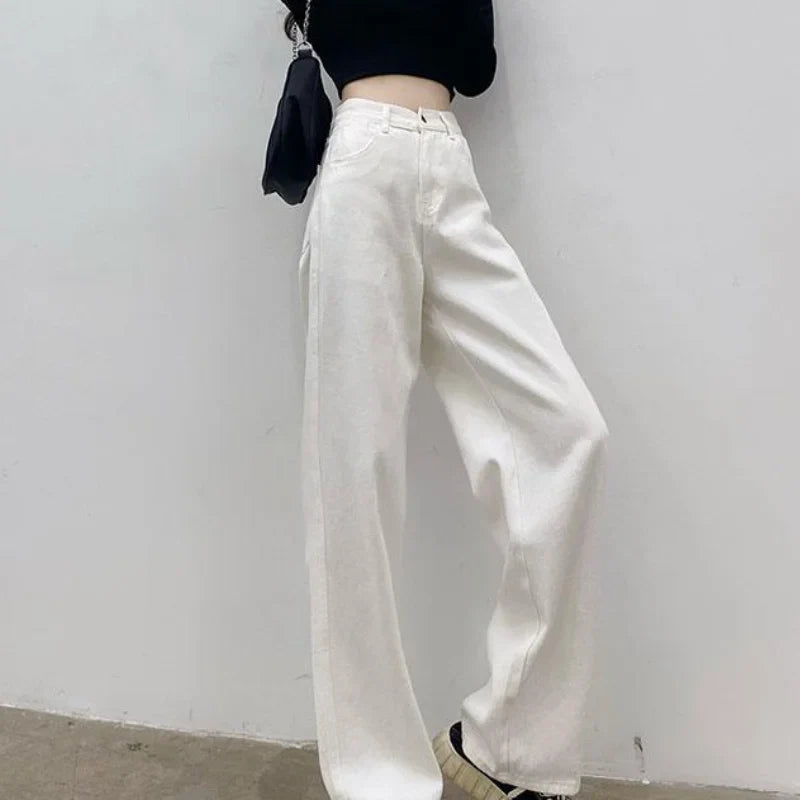 xsrrr Autumn Spring Jeans Women Denim Pants Vintage Straight Trousers Fashion Female White Black Solid Loose Casual Wide Leg Pants