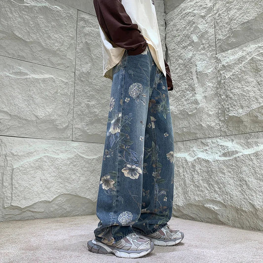 Baggy Flower Jeans Men Fashion Oversized Wide Leg Jeans Men Streetwear Hip-hop Loose Straight Denim Pants Mens Trousers S-XL