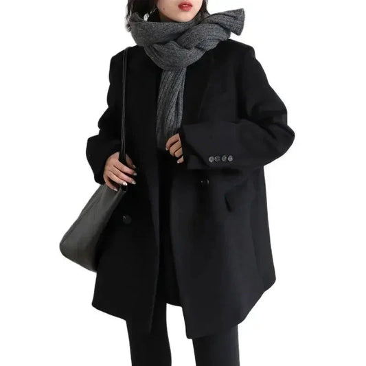 xsrrr WINTER OUTFITS Women Wool Blend Coat Solid Mid Long Woolen Blazer Thick Warm Blouse Women's Overcoat Office Lady Tops Autumn Winter