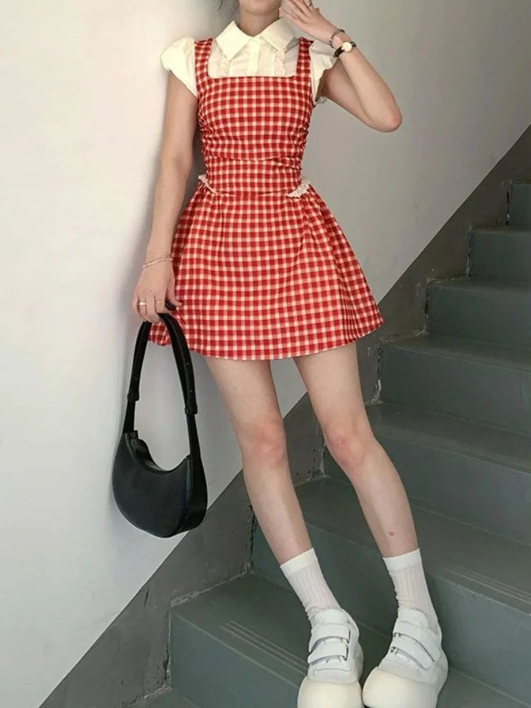 xsrrr Y2k Coquette Kawaii Cute Plaid Shirt Dress Women Preppy Style Sweet Girls Short Party Dresses 2024 Summer Fashion