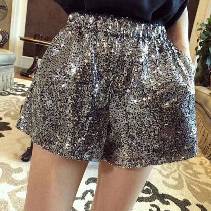 xsrrr Fashion Elastic Waist Chic Sequined Wide Leg Shorts Summer New Women's Clothing Korean Casual A-Line Loose Pants for Female