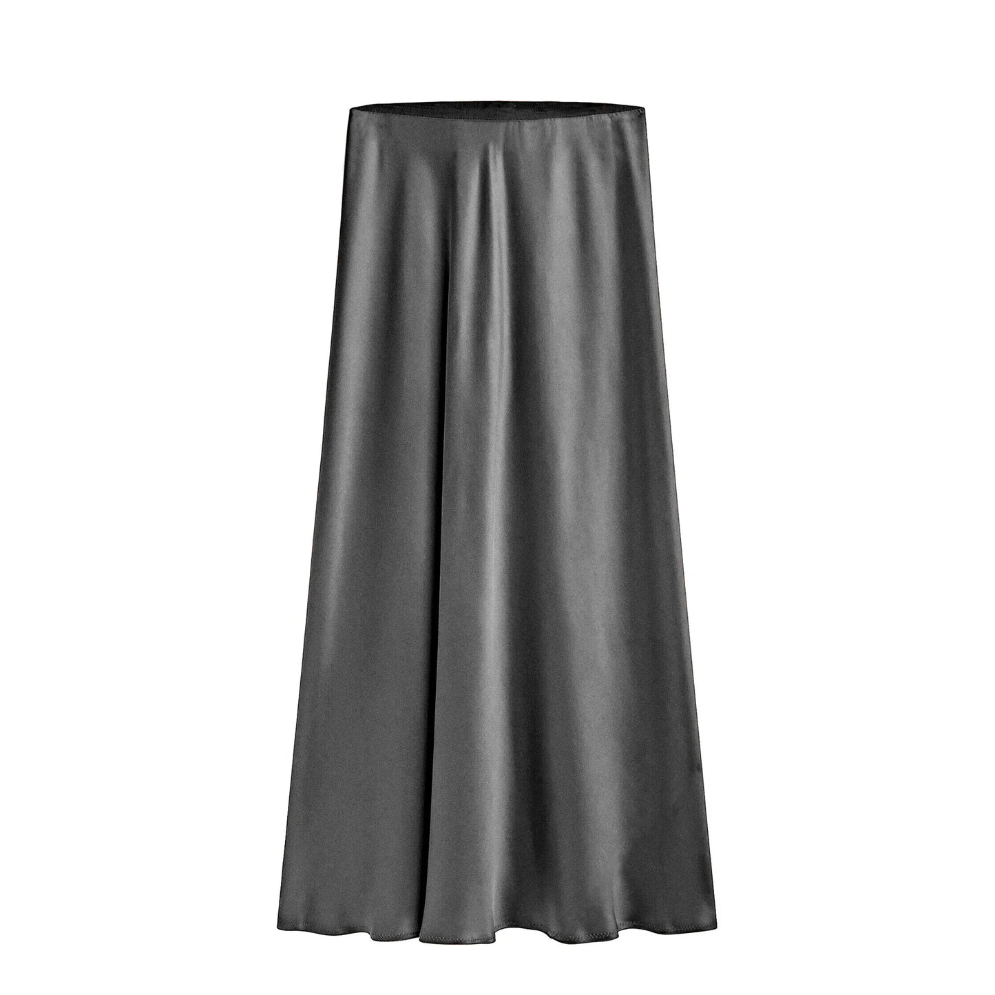 xsrrr Silk Satin Skirts for Women 2024 Summer Casual Style A-line Solid Color Elastic High Waist Side Slit Champagne Skirt