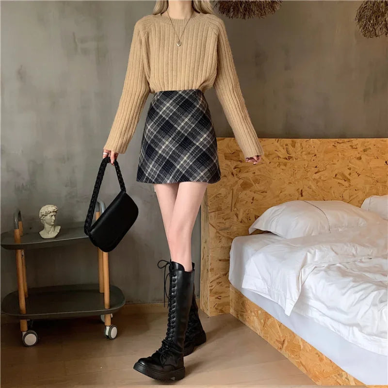 xsrrr Skirts Women Woolen Tender Fashion High Waist Retro Plaid Elegant A-line Casual Ladies Minimalist All-match Autumn Korean Style