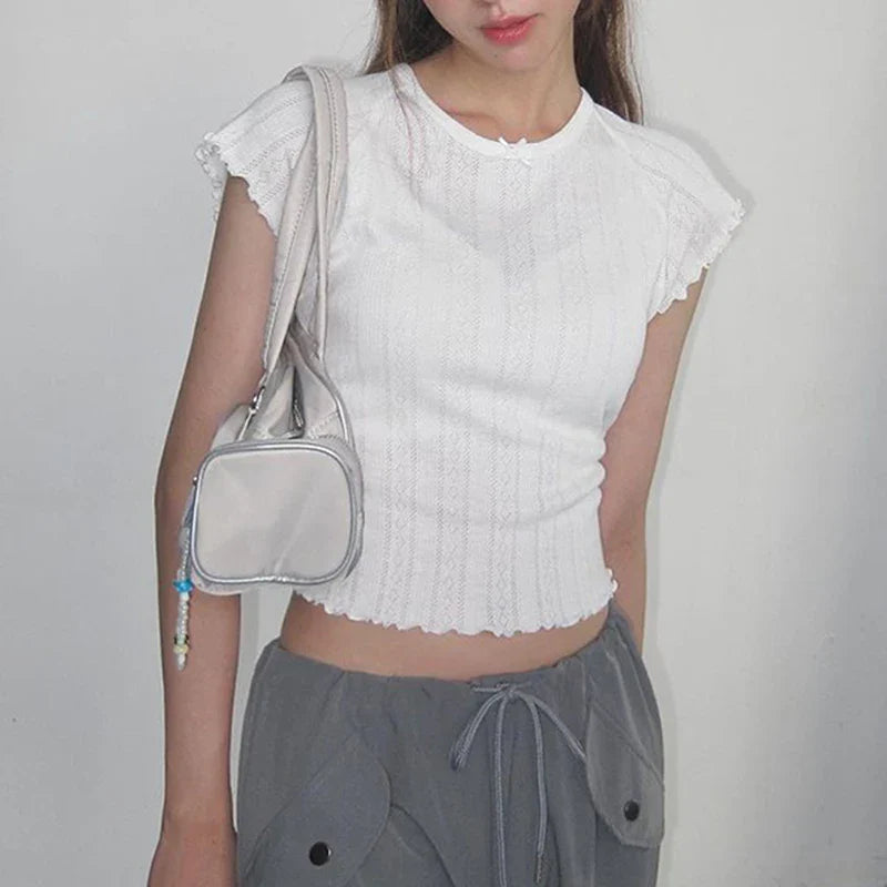 xsrrr y2k White Short Sleeve Cropped Top Sweet Ruched O Neck Skinny T Shirts Sexy Hollow Out See Through Women T-shirt Vintage