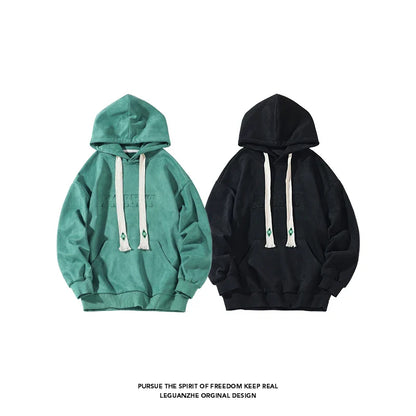 Men's Autumn Loose Hoodies American Retro Dark Green Men Women Suede Jacket Casual Oversize Sweatshirts Tide Hip Hop Hoody 5XL