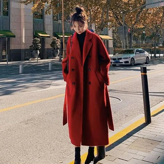 xsrrr New Large Size Hepburn Style Red Woolen Coat for Women Autumn and Winter Fat Mm Loose Long Thick Woolen Coat